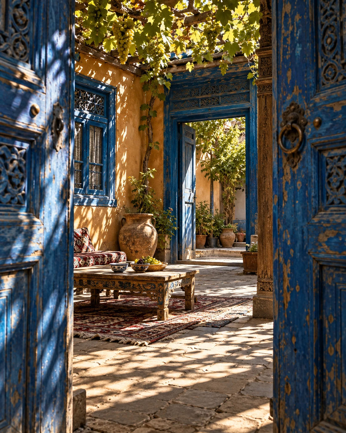 AI-created architectural scene inspired by a Xinjiang courtyard